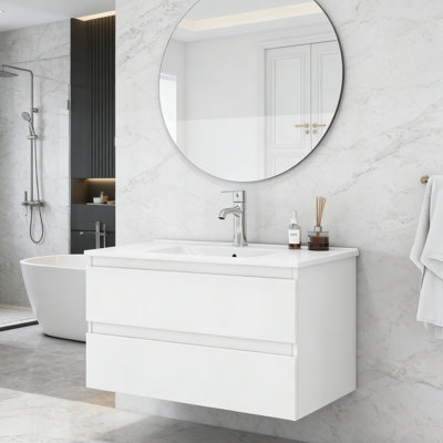 31.5-inch Bathroom Vanity With Sink Combo,Cabinet With 2 Big Drawers,Soft Close System,2 Big Drawers,Handle-Free Design,Easy Assemble,Glossy White