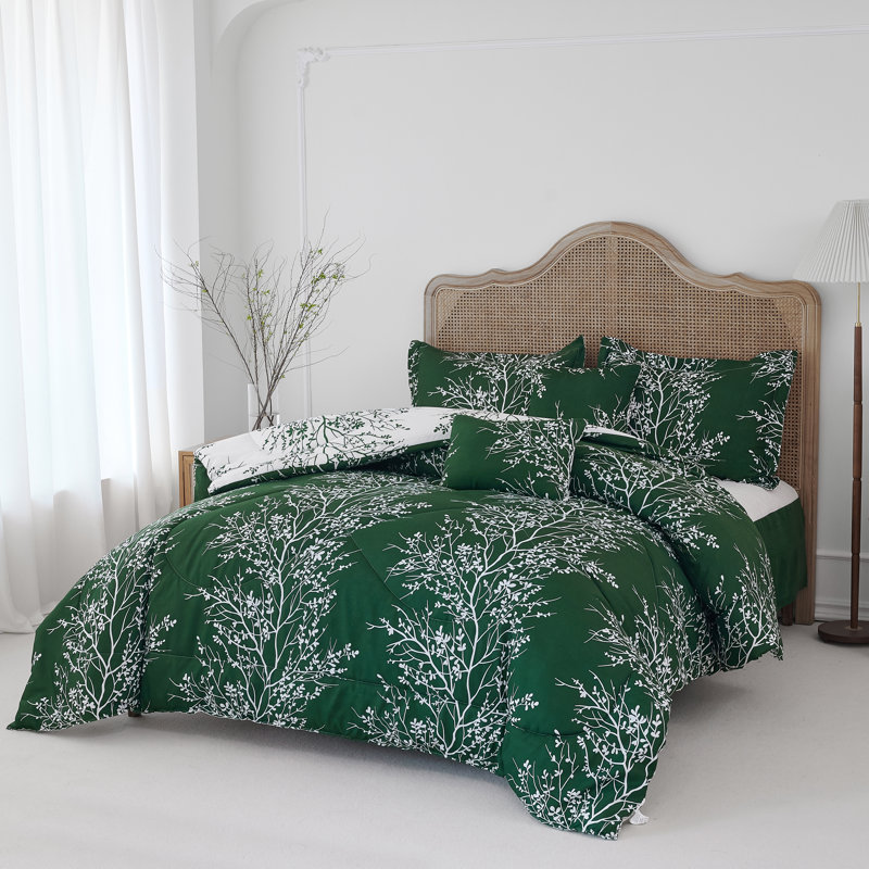 Foliage Reversible Comforter Set, Hunter/White, Twin Comforter Set + 4 Additional Pieces