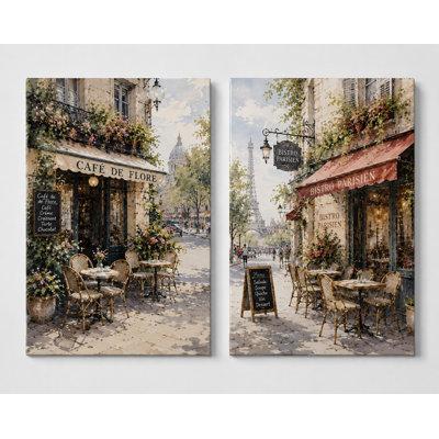 Très grand ensemble de 2 Paris Bistro, impression sur toile, café français, rue, décor pour le salon, la cuisine, la salle à manger, 24 x 36 pouces - prêt à être accroché
