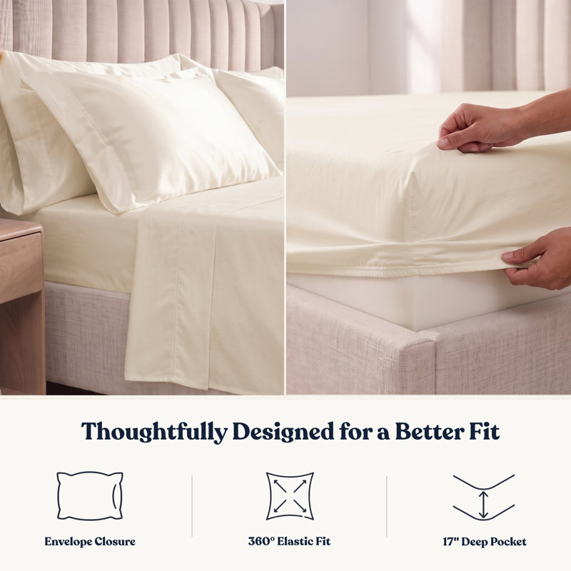 Delara GOTS Certified 100% Organic Cotton Sateen Sheet Set, 400TC Long Staple, Soft & Breathable with Deep Pocket, Ivory