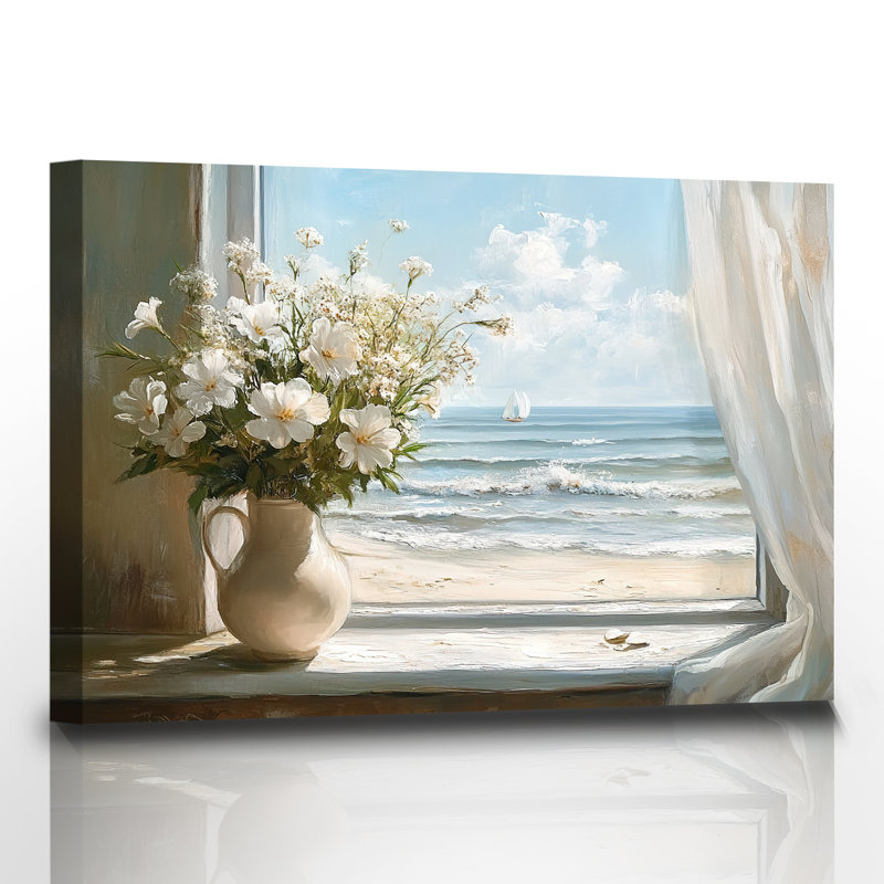 Rustique, art mural, fenêtre, paysage marin, paysage marin, peinture, photos, gardénia blanc, impressions sur toile encadrées