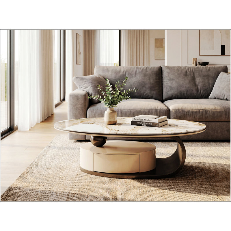 Table basse moderne ovale avec plateau en verre marbré et tiroir pour le rangement du salon