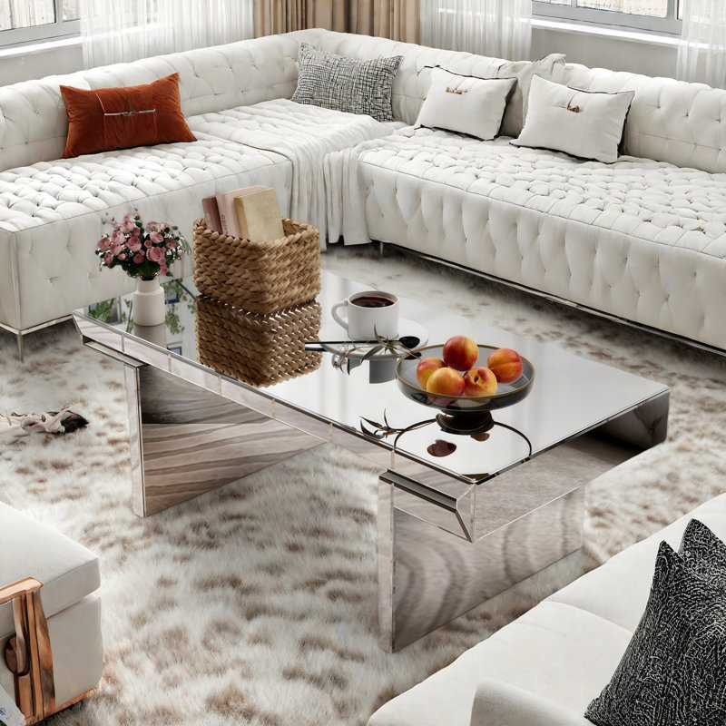 Luxury Rectangular Mirror Coffee Table With Fluted Tempered Glass And Rounded Edges