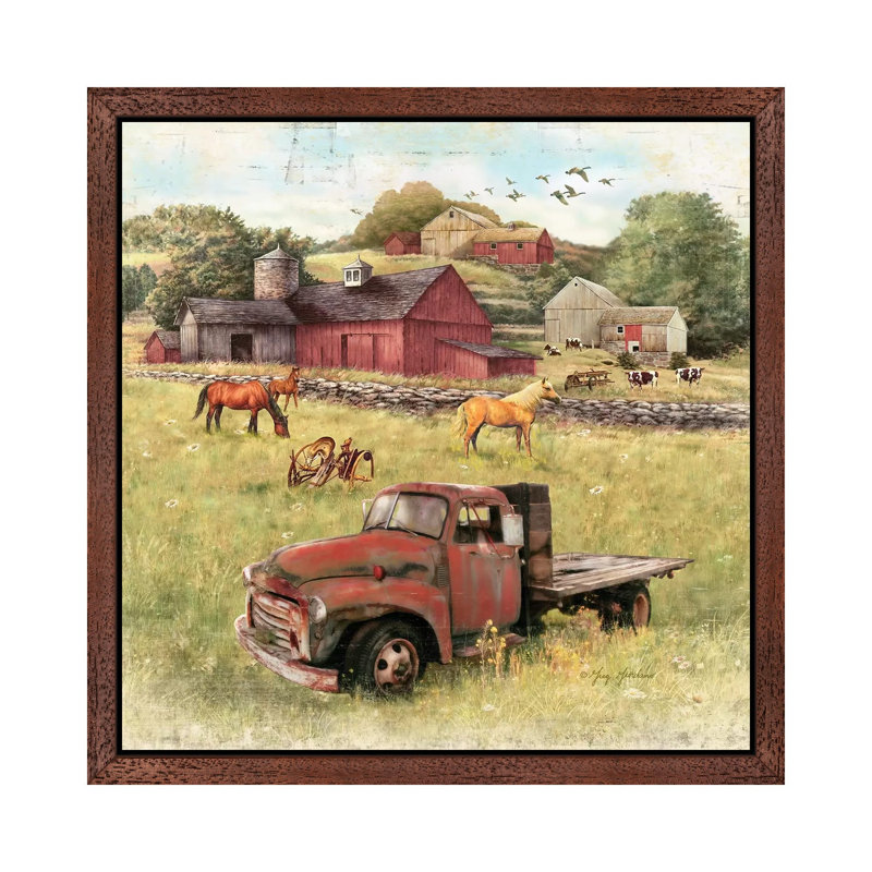 Barns And Old Truck - Floater Frame Painting on Canvas, 45.72 cm H x 45.72 cm W, Brown Framed
