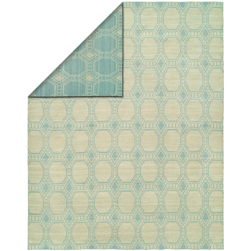 Wool Geometric Area Rug in Ivory/Baby Blue, Rectangle 9' x 12'