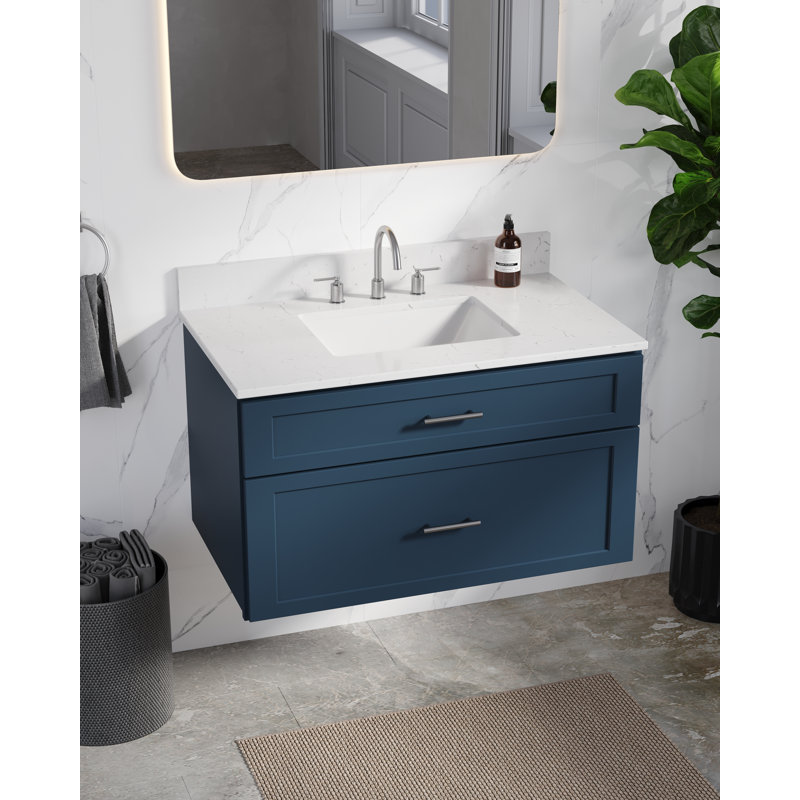 Meuble-lavabo mural flottant simple 36 po avec comptoir en quartz Carrara, Bleu