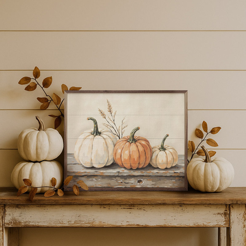 Pumpkins On A Rustic Shelf, 8" H x 10" W