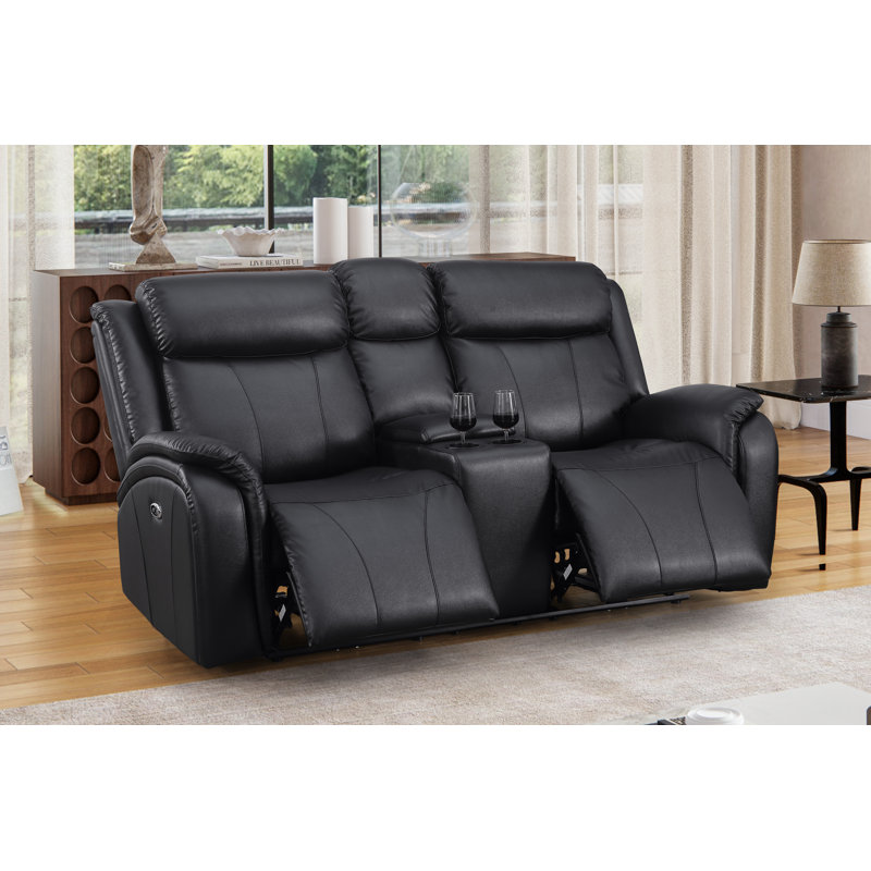 Lamyia 74'' Faux Leather Power Reclining Sofa, Black Faux Leather