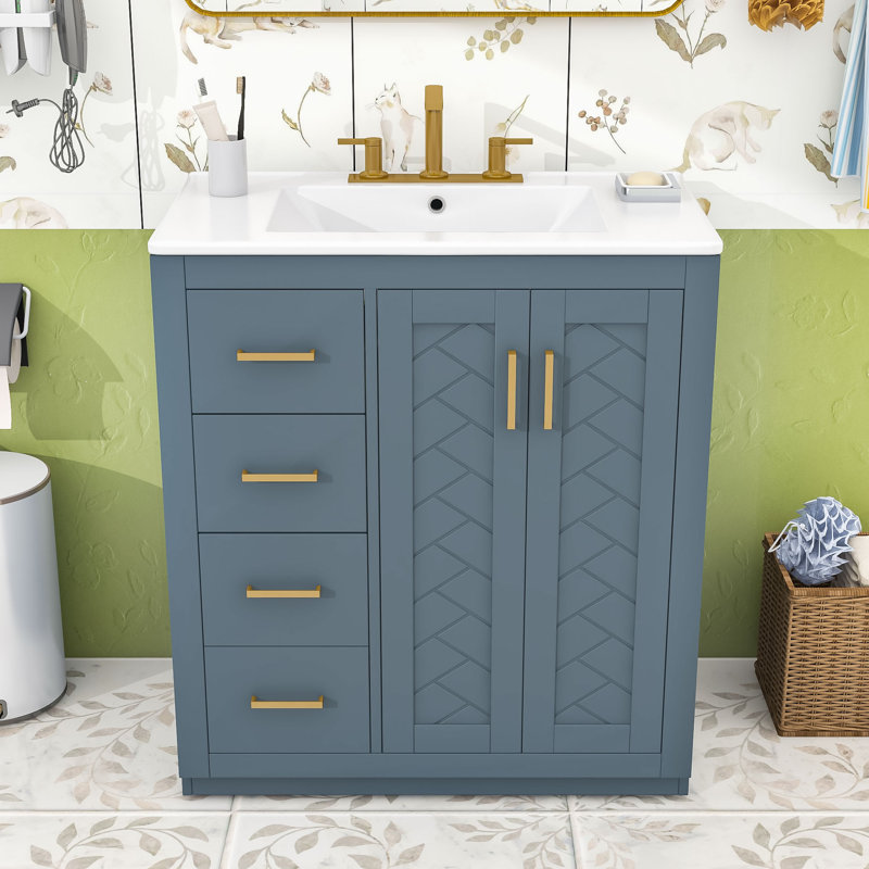 Armoire de salle de bain Farmhouse avec lavabo en céramique, 3 tiroirs et portes à fermeture douce, Bleu