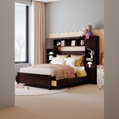 Lit double en bois avec armoire et tablette tout-en-un