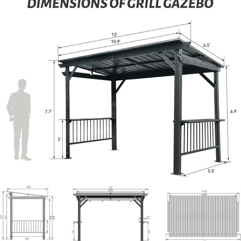 Abri de barbecue à toit rigide en acier galvanisé gris de 6,5 pi x 12 pi avec 2 tablettes latérales et crochets de plafond pour la terrasse, la cour et la terrasse