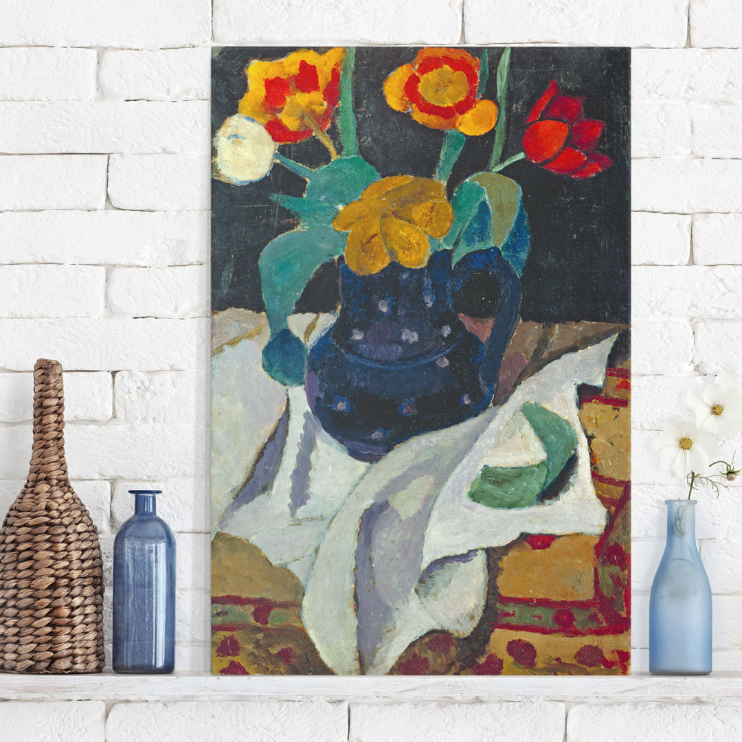 Leinwandbild Stillleben mit Tulpen in Blauem Topf von Paula Modersohn-Becker