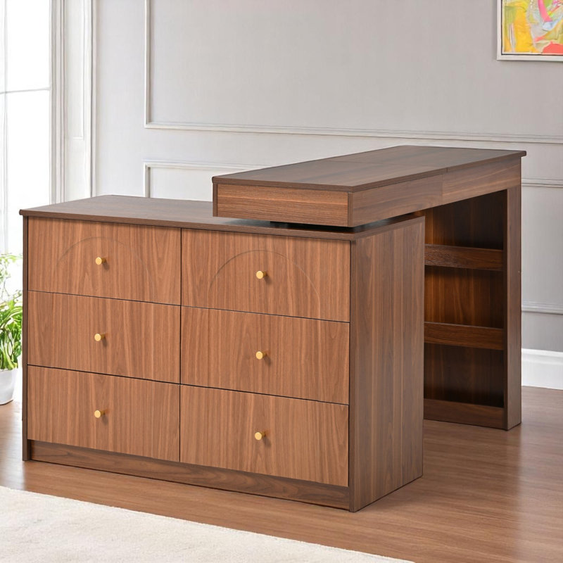 Maurece Rotatable Vanity Desk With Mirror And Adjustable LED Lights, Makeup Vanity With Flip-Top Tabletop And 7 Drawers