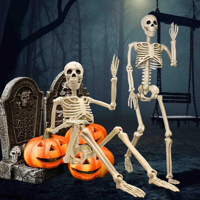 Ensemble de 2 décorations de squelette d'Halloween grandeur nature, squelettes en plastique posables sur tout le corps avec joints réglables, accessoires de squelette humain effrayant pour la cour, le patio, la pelouse, le jardin, la maison hantée et la fête d'Halloween