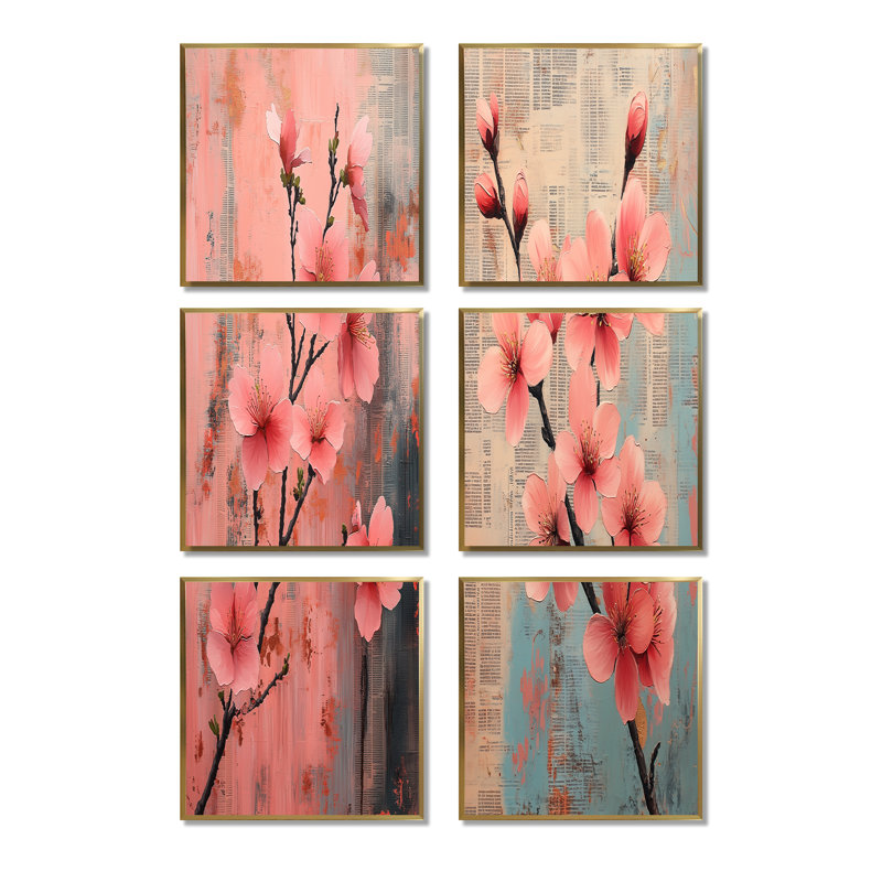 «Rose and Blue Cherry Blossom Spring Awakening», ensemble de 6 reproductions d'art mural fleurs de cerisier, Doré