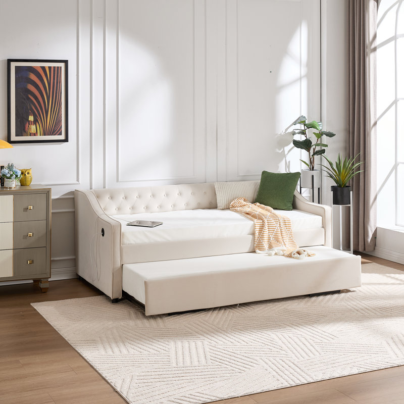 Lit de jour en velours avec couchette, port USB, poches latérales, Beige