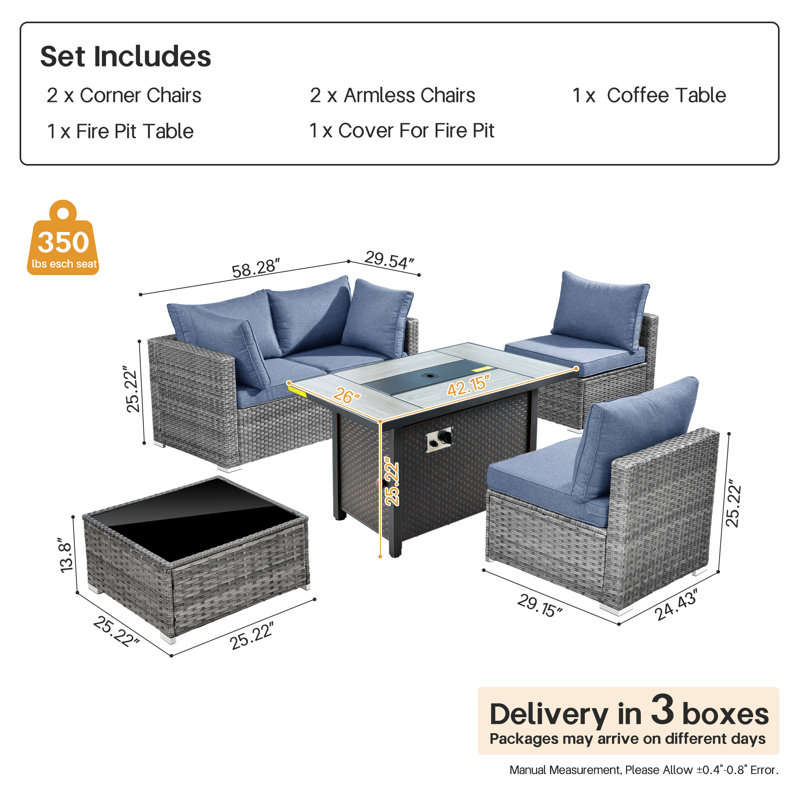 Wicker 4 - Person Outdoor Conversation Set With Fire Pit Table With Cushions, Blue