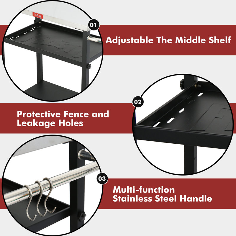 Adjustable 3-Tier Black and Stainless Steel Outdoor Grill Cart