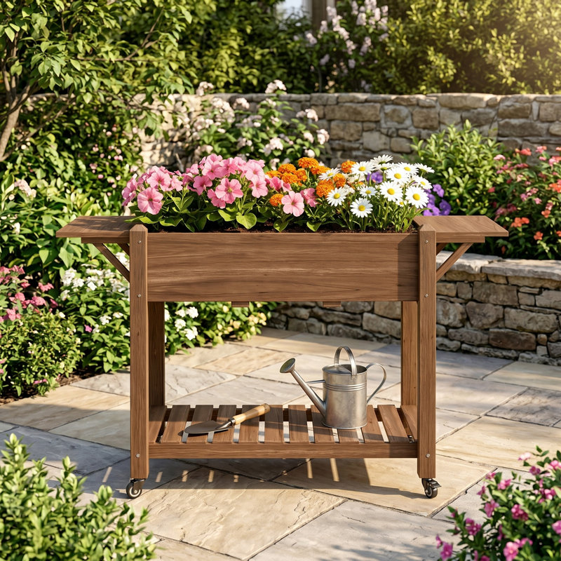 Lit de jardin surélevé en bois surélevé avec roues verrouillables, tables d'appoint pliables, tablette inférieure et trous de bonde
