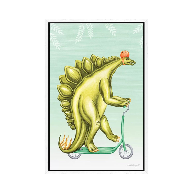 Stegosaurus On Scooter by Amélie Legault - Painting on Canvas, 66.04cm H x 45.72cm W x 3.81cm D, White Floater Framed