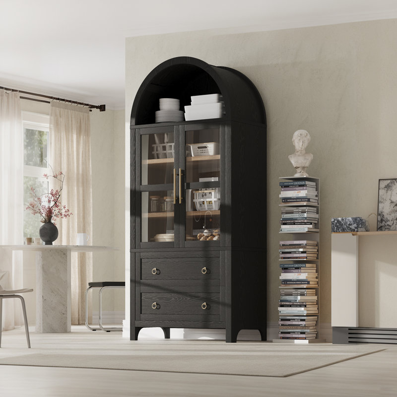 71-Inch High Arched Kitchen Cutlery Cabinet With 2 Large Drawers, Modern Farmhouse Storage Cabinet With Adjustable Shelves, Glass Door