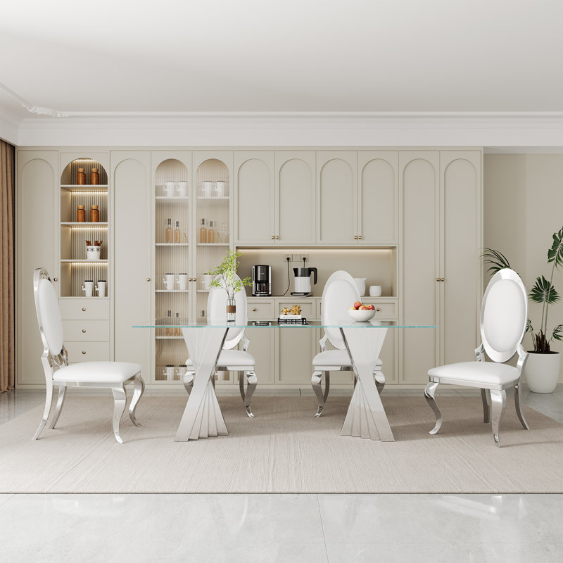 Ensemble de salle à manger 5 pièces, Argent argent, Blanc / argenté