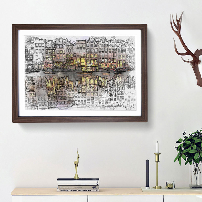 Amsterdam at Night in Abstract - Picture Frame Graphic Art Print on MDF, 36cm H x 48cm W x 2cm D, Walnut Framed