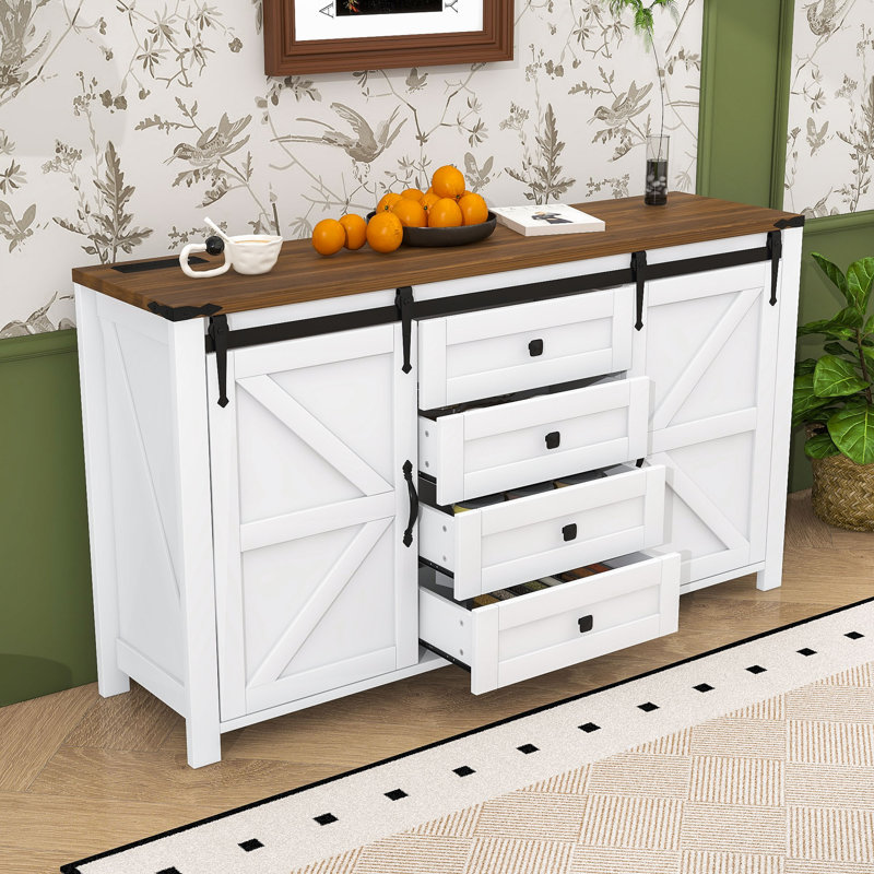 Modern Sideboard with Sliding Barn Doors, Built-In Power Outlet and Spacious Storage, White
