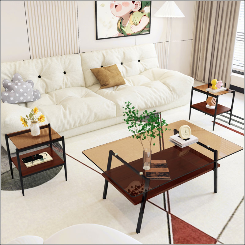 Ensemble de 3 tables basses et tables de bout modernes en verre trempé, panneau de fibres à densité moyenne durable pour le salon