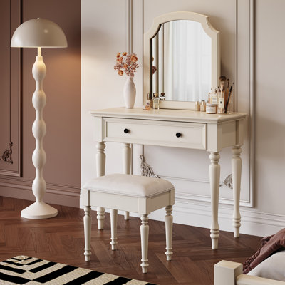 Cream-Style Full Solid Wood Vanity Table with Oversized Mirror