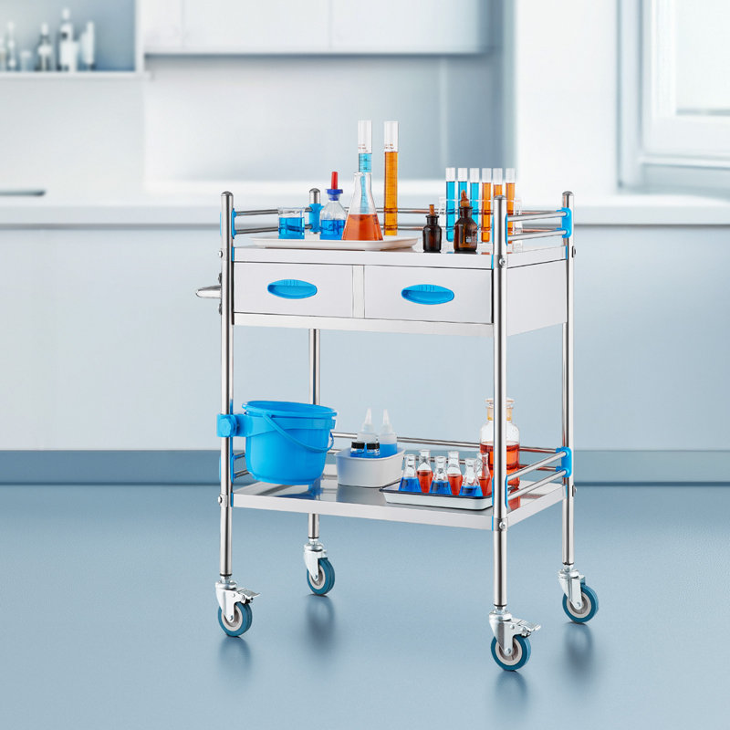 Chariot de service de laboratoire médical en acier inoxydable portable 2 niveaux