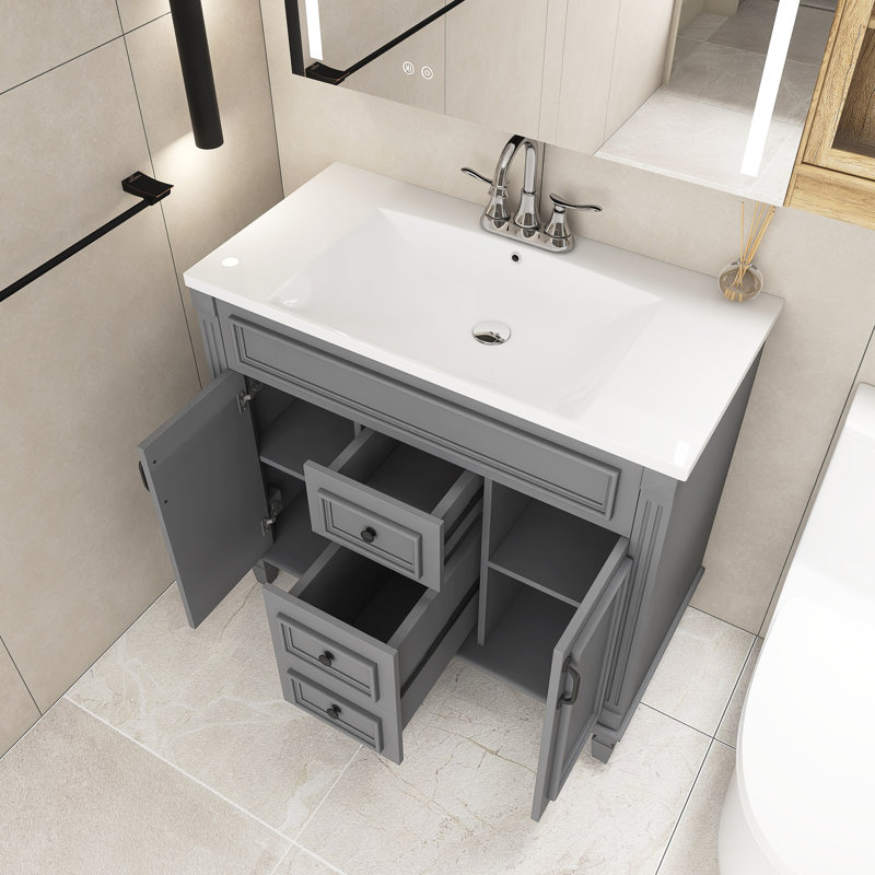 Meuble-lavabo simple 35,9 po avec plateau en céramique, Gris