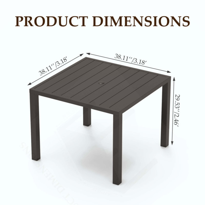 Outdoor Dining Table For 4 Person,Square Slatted Metal Patio Table For Deck Garden Lawn Backyard Use With Umbrella Hole