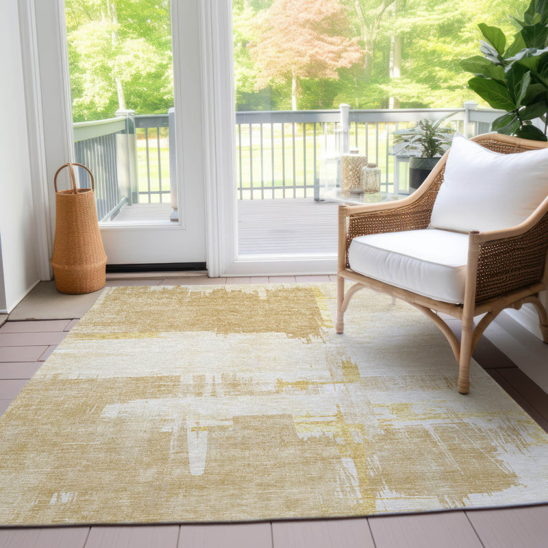Tapis brun clair intérieur / extérieur en polyester tissé à la machine Kaylani, Rectangle 10 pi x 14 pi