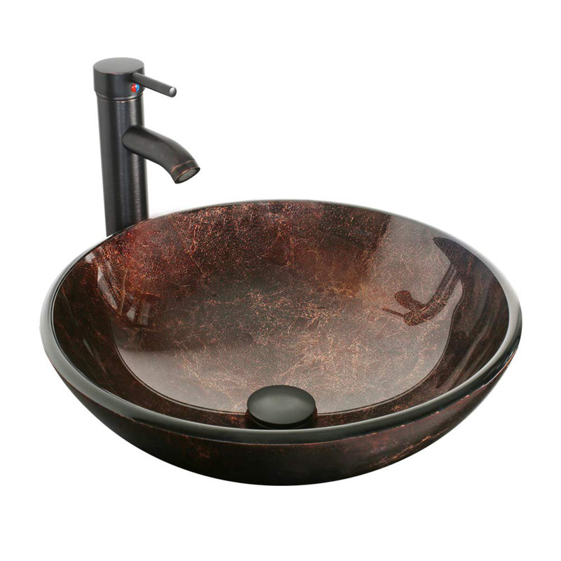 ECLIFE Manrique 16.5'' Brown Tempered Glass Circular Bathroom Sink with Faucet