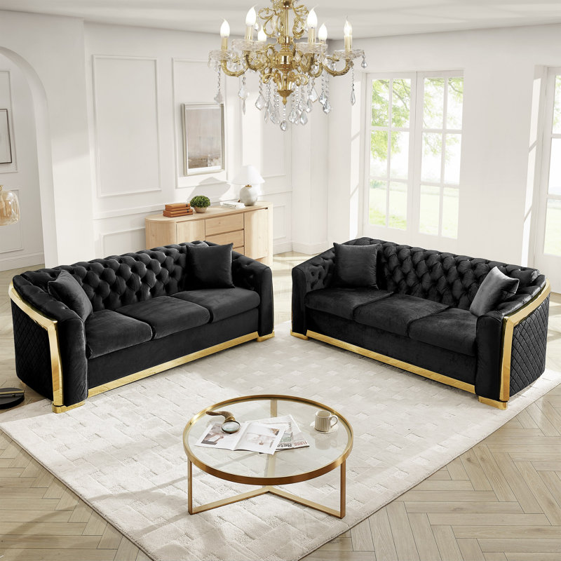 Ensemble de salon en velours 2 pièces avec pieds dorés Edmond, Black