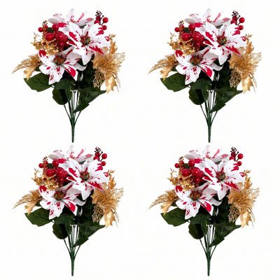 Ensemble de 4 bouquets de poinsettias rouges artificiels de 18,9 pouces, fausses grappes de fleurs de Noël avec baies et feuilles creuses dorées pour la décoration des Fêtes