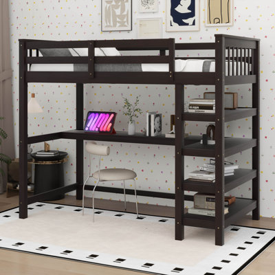 Loft Bed With Storage Shelves And Under-Bed Desk