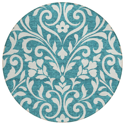 8' Teal Blue And Ivory Round Floral Washable Indoor Outdoor Area Rug