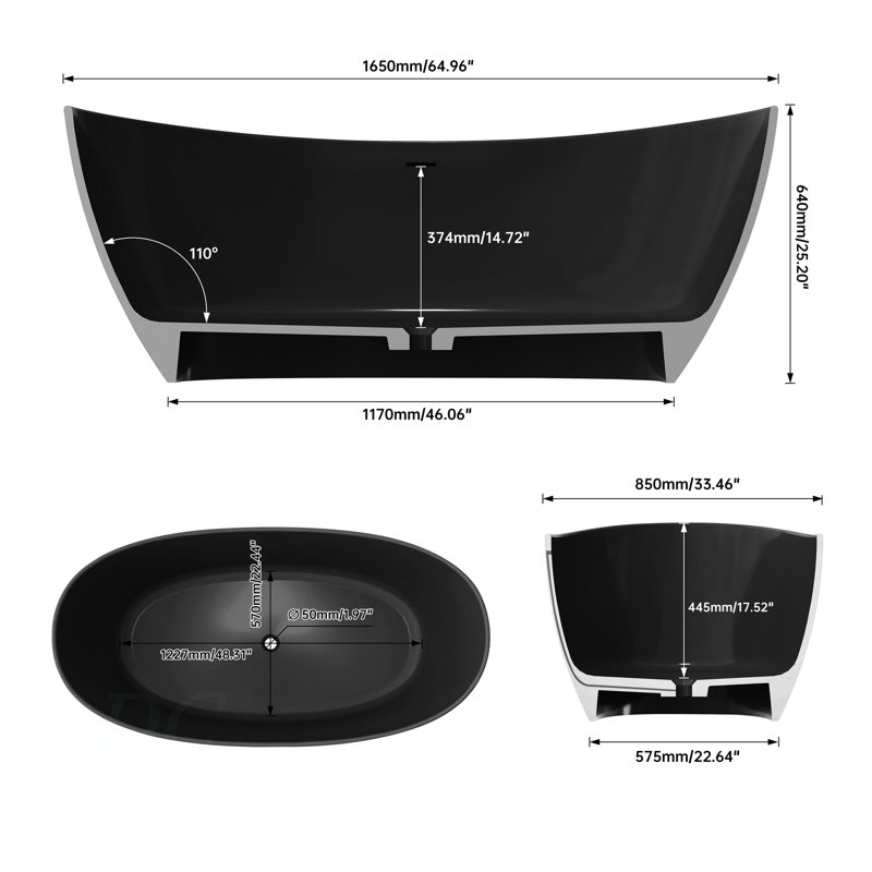 Baignoire de trempage à surface solide noire matte de 65 po, baignoire autoportante profonde