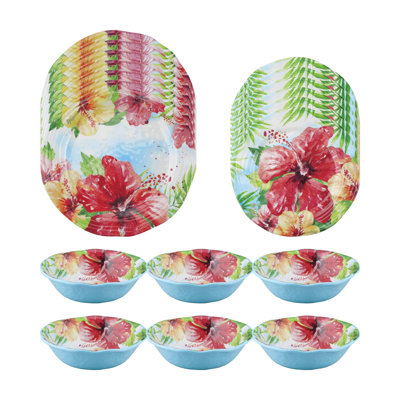 Hibiscus 18 Piece Melamine Dinnerware Set Plate and Bowl Set - Service for 6