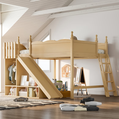 Queen Loft Bed With Storage Shelves And Wardrobe, Solid Wood Loft Beds With Detachable Slide And Ladders, No Spring Box Needed(Patent Protection)