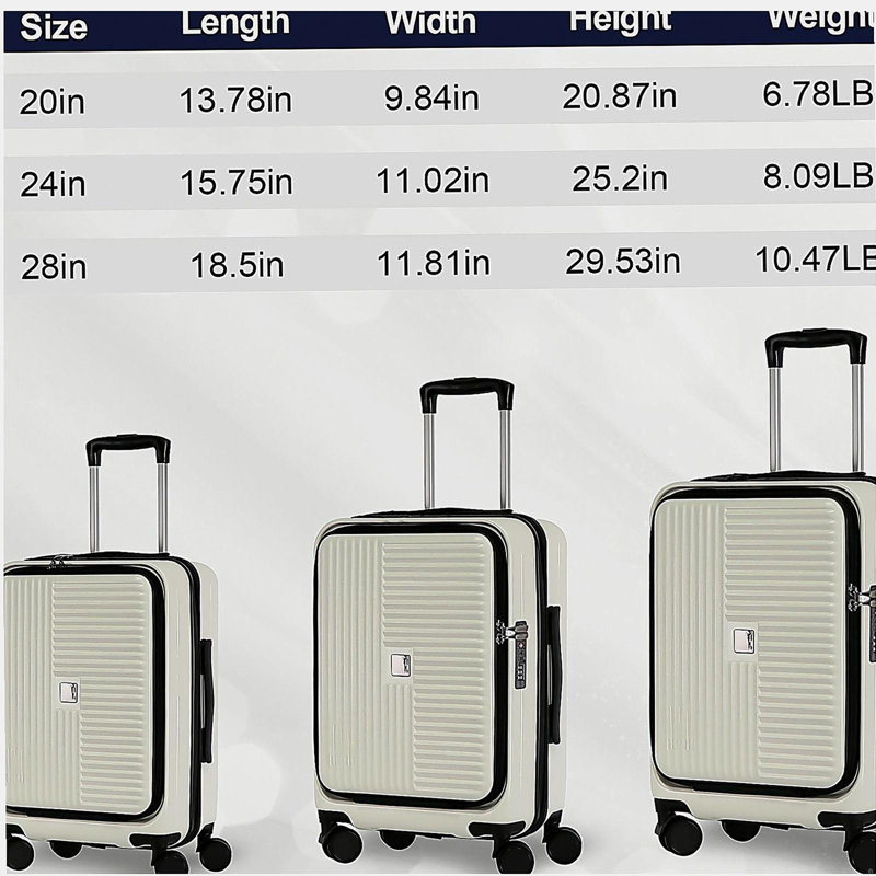 Luggage,with front opening,TSA approved lock,hardshell suitcase,White