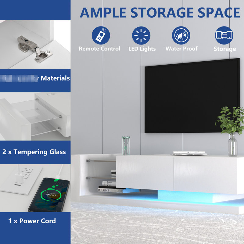 Meuble télé à DEL avec 90% d'espace de rangement, télécommande blanche moderne et lumières contrôlées, Blanc