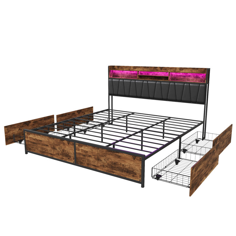 Double Drawer Brown Bed 140x200, Industrial Frame, Rustic Brown RGB LED Headboard, USB-C Charging, 4 Drawers