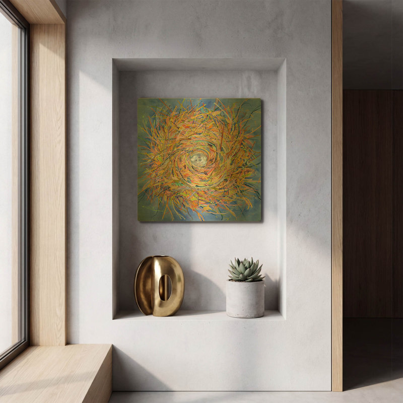 « Nid III - Vortex » de Sharon Pitts, tableau mural en métal doré, 30,5 x 30,5 cm, 12 po x 12 po