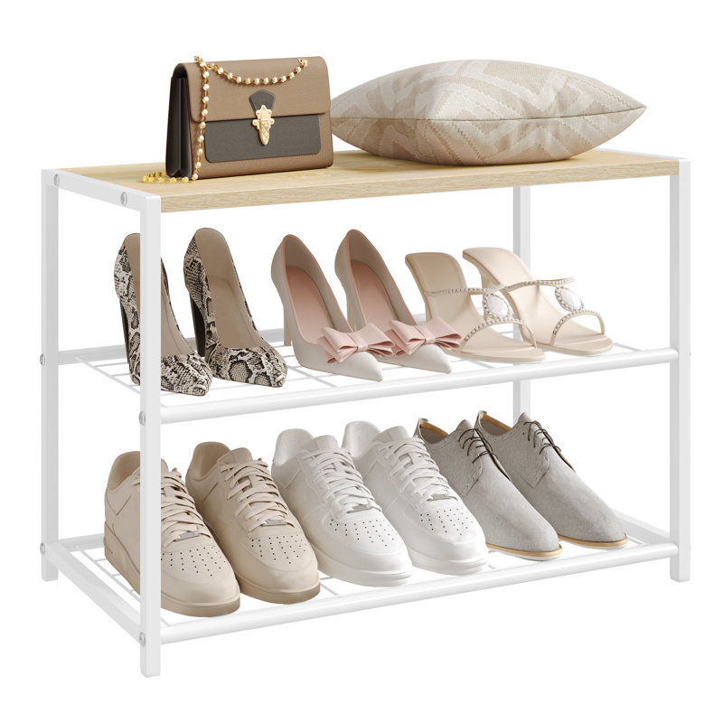 6 Pair Shoe Rack, Light Wood/White