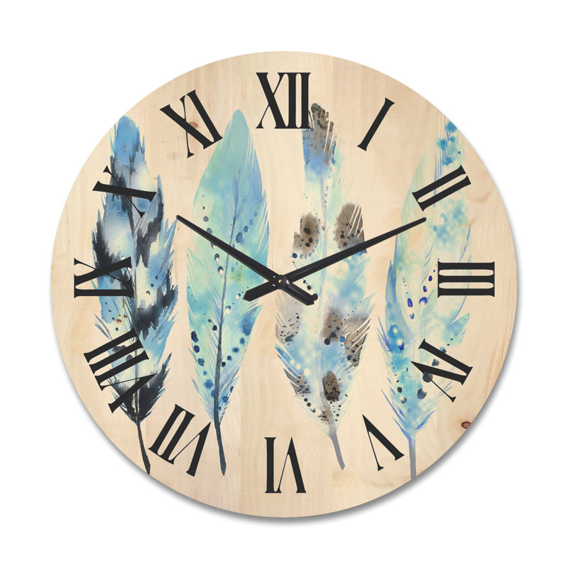 Blue Boho Feathers I - Horloge murale bohème et éclectique, Grand