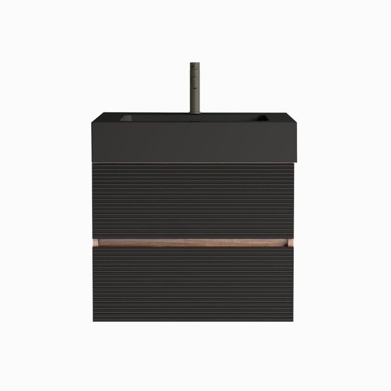 Meuble-lavabo 24 po avec lavabo en quartz noir mat et tiroirs souples, Chêne, Noir