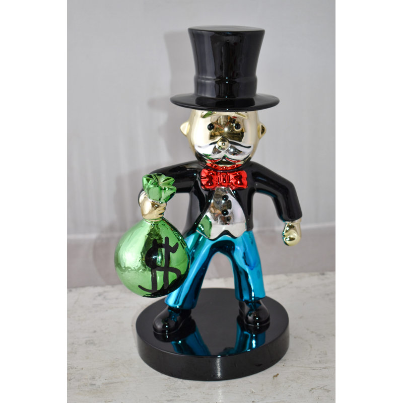 Frowning Monopoly Man Holding Money Bag Resin Statue Small Size: 7" x 8" x 15"H